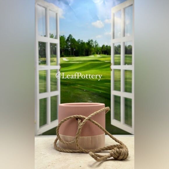 Blush Pink /Beige Ceramic Hanging Planter Pot with 21” Rope - Picture 2 of 9